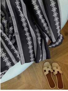 女士优雅休闲提花纽扣长袖衬衫 - 黑色 - 查看 3