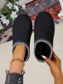 2025年秋冬新款女士毛绒拖鞋，厚底封闭式趾套脚蓬松拖鞋，带毛绒衬里 - 黑色 - 查看 6