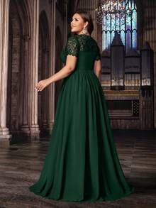 QOQ Elegancka suknia wieczorowa w dużych rozmiarach, elegancka, na przyjęcie urodzinowe, kolację, wesele, z koronką i bufiastymi rękawami, z szyfonu, na Walentynki - Ciemnozielony - Zobacz 2
