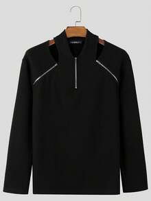 INCERUN Fashion Men Zipper Cut Out Long Sleeve Slim Fit Pullover Rib-Knit Tops Blouse Fall Casual Shirt - Black - View 3