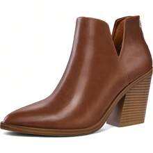 Women's Slip-On Ankle Boots – Cutout Pointed Toe Chunky Mid Heel Booties For Casual, Work & Daily Wear - 棕色 - 查看 1