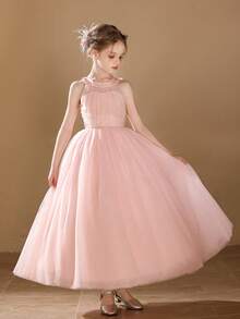 Girls' Long Tulle Skirt With Big Bow, Pink, Suitable For Wedding, Party - Pink - View 6