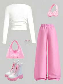 Tween Girl Cartoon Print Long Sleeve Top And Digital Print Bowknot Pants Set