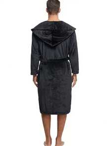 Mens Plush Fleece Hooded Robe, Soft Warm Long Bathrobe With Pockets, Cozy Spa Shower Robe - Black - View 6