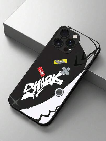 Fashionable Shark Logo Graphite Black Glass Material Phone Case Compatible With Apple 16 Pro Max/15 Pro Max/14 Pro Max/14 Plus/13/13 Pro Max/12 Pro/11 And Galaxy S25 Ultra/S24 FE/S24 Ultra/S23/S22/Note20 Ultra/A56/A55/A16/A54/J6, Redmi Note 14 Pro/13/12, Mi 14T Pro/13T Accessories