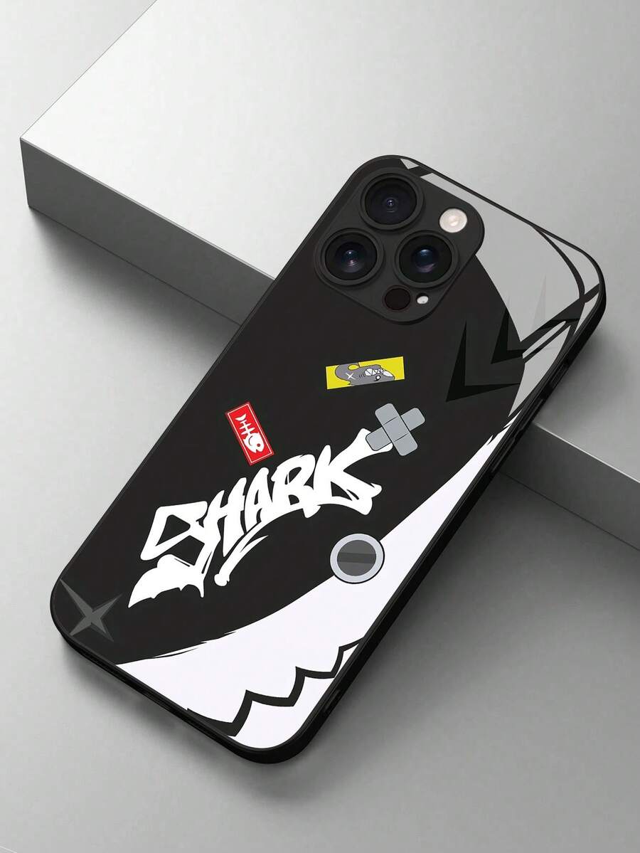 Fashionable Shark Logo Graphite Black Glass Material Phone Case Compatible With Apple 16 Pro Max/15 Pro Max/14 Pro Max/14 Plus/13/13 Pro Max/12 Pro/11 And Galaxy S25 Ultra/S24 FE/S24 Ultra/S23/S22/Note20 Ultra/A56/A55/A16/A54/J6, Redmi Note 14 Pro/13/12, Mi 14T Pro/13T Accessories - Black - View 1