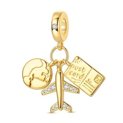 1pc Gold Color Earth & Airplane Ticket Shaped Pendant, Suitable For Bracelet, Necklace, DIY Jewelry Making