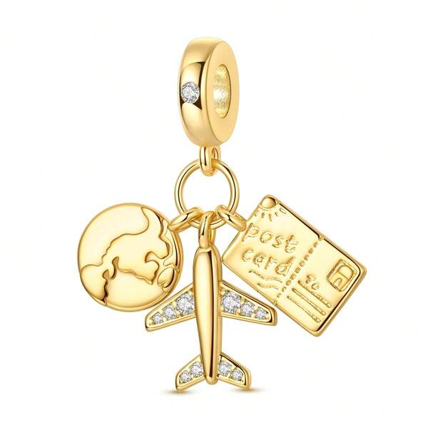 1pc Gold Color Earth & Airplane Ticket Shaped Pendant, Suitable For Bracelet, Necklace, DIY Jewelry Making