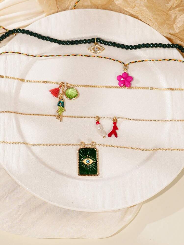 5 Peças Conjunto de Colar Multicamadas Boêmio Feito à Mão com Contas de Peixe, Flor, Olho, Pérola Falsa, Borla, Colar Colorido de Dopamina para Mulheres, Adequado para Uso Diário e Festa, Todas as Estações - Multicolorido - Visão 2