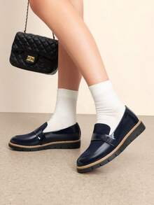 Women Loafers Arch Support Slip-On Round Toe Wedge Heel Loafers Classic Style Comfortable Business Casual Work Daily Shoes - 藍色 - 查看 3