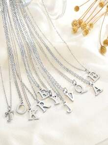 1pc Exquisite Fashion Jewelry Necklace, Stainless Steel A-Z,26 English Initials Pendant, Holiday, Suitable Women To Wear Daily Stainless Steel Letter Pendant Necklace - 銀色 - 查看 4