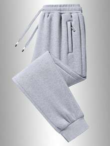 舒适男士宽松运动裤 - 柔软拉链口袋，抽绳腰带，纯色，适合所有季节、休闲装、休闲装和户外活动 - 淺灰色 - 查看 3