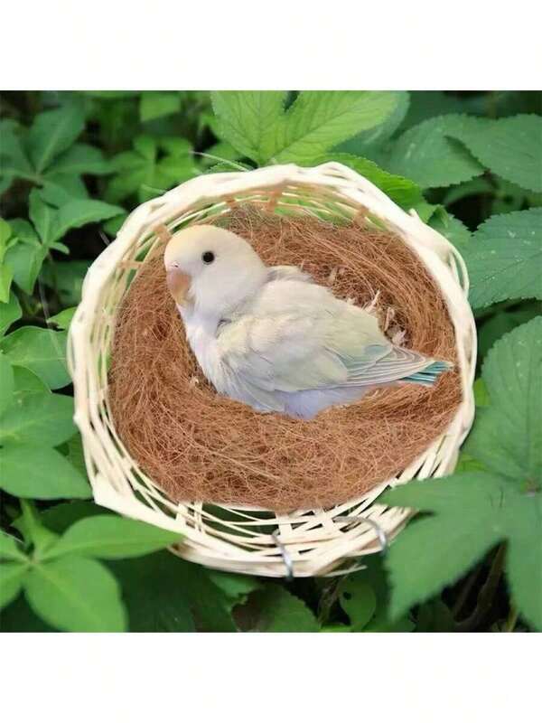 قطعتان عش طيور يدوي من البامبو + ألياف جوز الهند للطيور، مصنوع من لوح ألياف خشبية طبيعية، يشمل خطاف معدني للتعليق، مناسب للببغاوات والطيور الصغيرة، إكسسوارات عش طيور خارجي عالي الجودة
