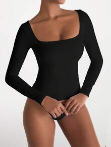 XLLAIS Big Square Neck Long Sleeve Casual Black Top Sexy High Stretch Double Layer T Shirts Women Fall Winter Clothes - Black - View 3