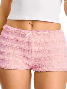 Women's Summer Bodycon Shorts Solid Color Low Waist Ruffled Mini Bow Front Short Pants - Hồng - Xem 6