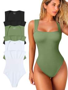 OQQ 3 Piece Bodysuits For Women Sexy Ribbed Strappy Square Neck Stretch Tank Tops Bodysuits - 黑,豆綠,白 - 查看 1