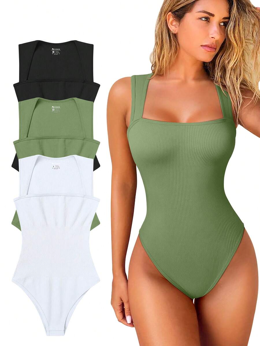 OQQ 3 Piece Bodysuits For Women Sexy Ribbed Strappy Square Neck Stretch Tank Tops Bodysuits - 黑,豆綠,白 - 查看 1