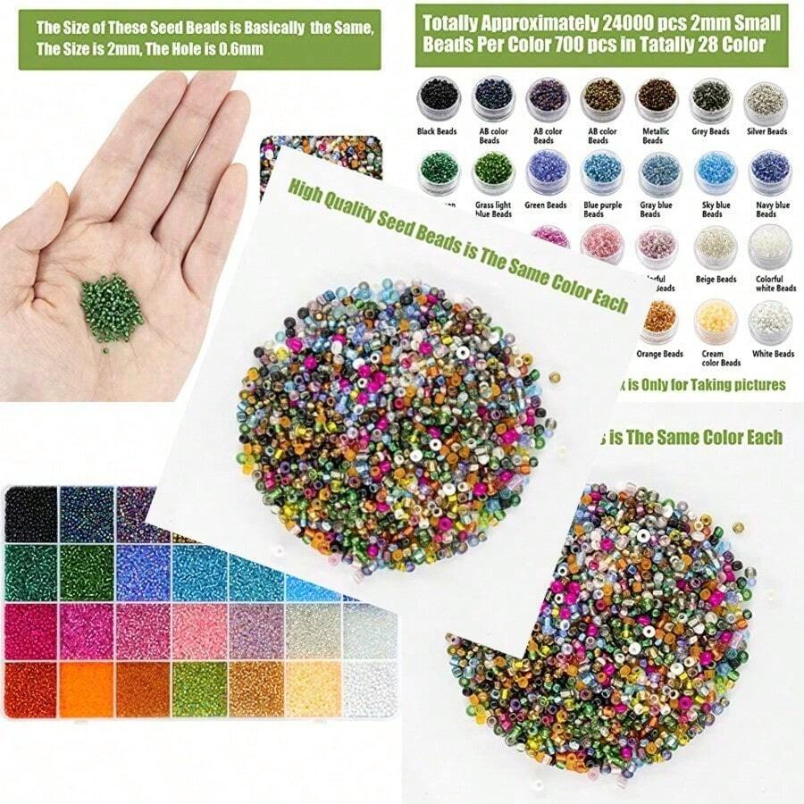 24000Pcs 2mm Glass Seed Beads Kit With 28 Colors Small Beads Kit For ...