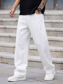 1件 Justice Brother 休闲宽松直筒牛仔裤，简约港式男士时尚舒适长裤，四季皆宜 - 白色 - 查看 5