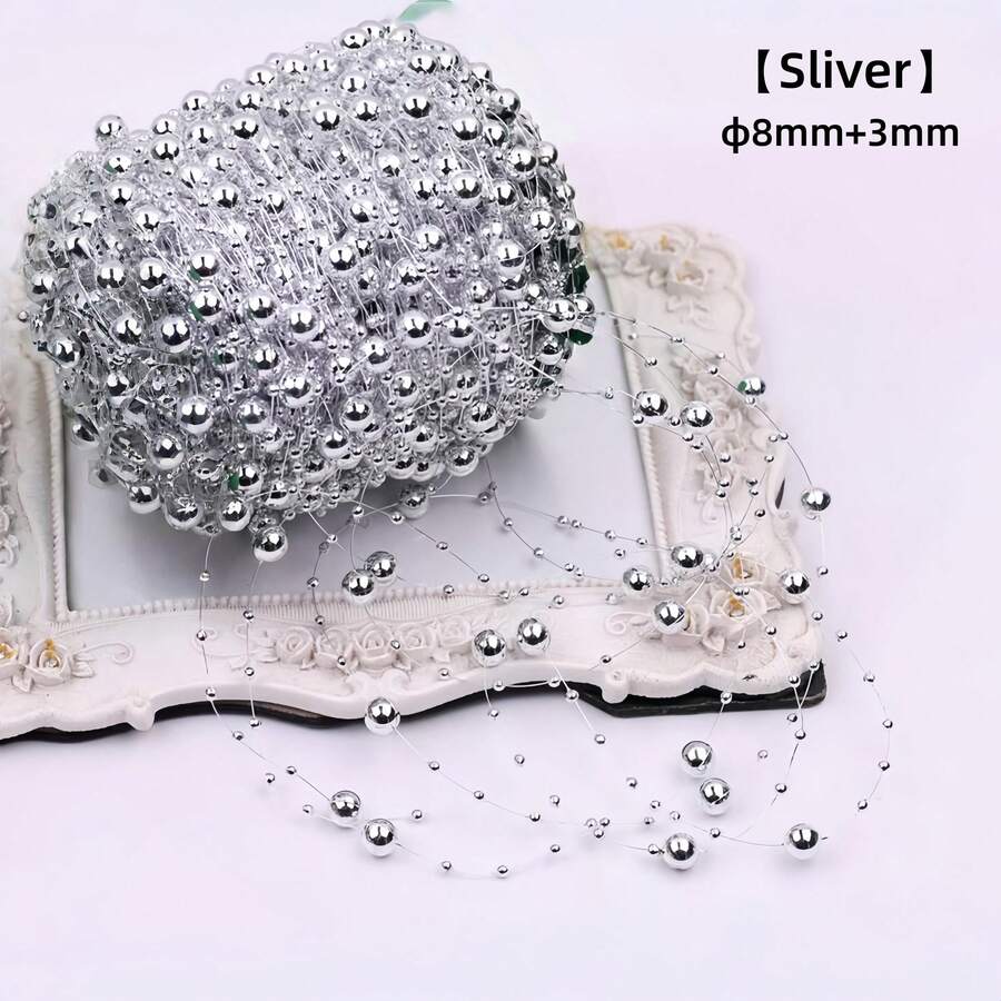 纯色亚克力连接珠、装饰链珠、串珠花饰、家居装饰小珠子、圣诞装饰、婚礼装饰、头饰和花饰、情人节、礼品、DIY手工装饰材料、礼品包装装饰材料、节日装饰、返校 - 銀色 - 查看 1