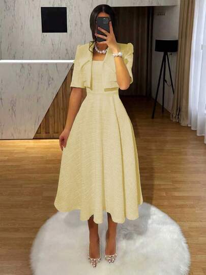 2pcs/Set Elegant French Vintage Coin Print Slip Dress + Short Sleeve Jacket Top, Flattering Two Pieces Set