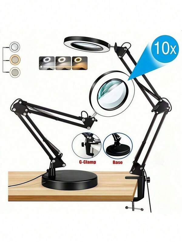 1pc Multifunctional Foldable Desk Clamp Magnifier Lamp, 3 Color Lights, 10 Brightness Levels, Suitable For Soldering, Repair, Jewelry Appraisal, Beauty, Elderly Reading, Study