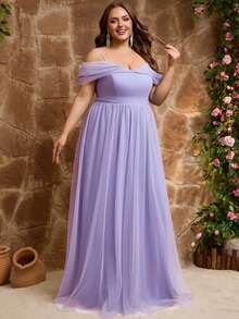 Plus Tulle Off The Shoulder Maxi Dress For Wedding Guest Evening Party Formal Event Prom Gowns Fashion Elegant Cruise Graduation Homecoming Curve - Mauve Purple - View 4