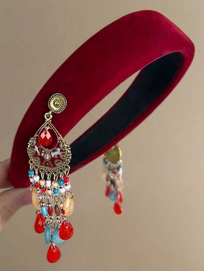 1 件独特设计流苏天鹅绒头带，波西米亚新娘头饰，适用于新娘发饰，中国异国复古风格头带，户外派对，节日庆典，发饰美发工具，卷发饰头发，发饰，发饰，配饰，发饰秋季，旅行，发饰工具，女士配饰，发饰，秋季，头发，发饰，旅行，发饰，女士配饰，女士发饰，发饰工具，发饰，东西，美容配饰