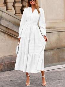Women's  Fall Wedding Guest Dresses Long Sleeve V Neck Flowy Elegant Holiday Party Maxi Dress With Pockets - 白色 - 查看 7