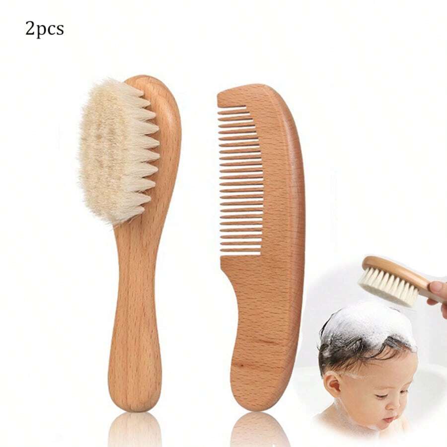 2pcs Baby Bath Wool Brush & Comb Set, Infant Head Care Bath Brush & Comb, Children Wooden Massage Shampoo Brush