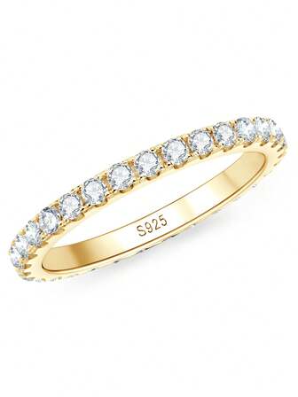 XUJIA 1 pieza Anillo de banda de eternidad completa para mujer, anillo de boda de moda con moissanita de 2 mm de corte redondo, anillo de moissanita de plata esterlina 925, anillos apilables, regalo de joyería para aniversario y cumpleaños