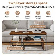 Mesa de centro de dos piezas, mesa auxiliar, aspecto mármol, estructura y estante de metal, mesa de centro, mesa de sala de estar, mesa de sofá, adecuada para sala de estar, dormitorio, madera y negro - Madera y negro - Ver 11