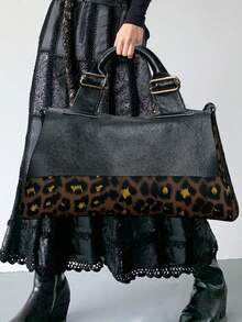 Y2K Fashion Personalized Women's Handbag, Street Punk Leopard Print Shoulder Bag, Multi-Pocket Design, Detachable Strap - Black - View 2