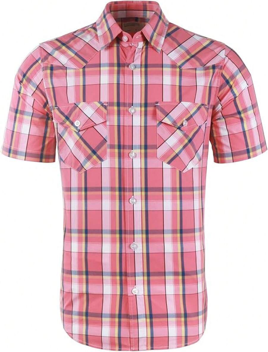 Mens Short Sleeve Plaid Button Down Shirt Western Casual Shirts With Two Pocketshalloween - Hồng - Xem 1