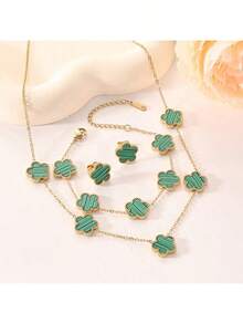 18K Stainless Steel 5-Bead Jewelry Set: Earrings, Bracelet, Necklace, Non-Fading, Women Accessories - Flower - View 12