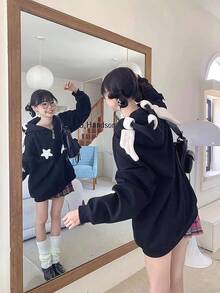 Women Cute Shark Hoodie Long Sleeve Blue Kawaii Animal Shark Shape Hooded Pullover Sweatshirts - 02-黑色 - 查看 2
