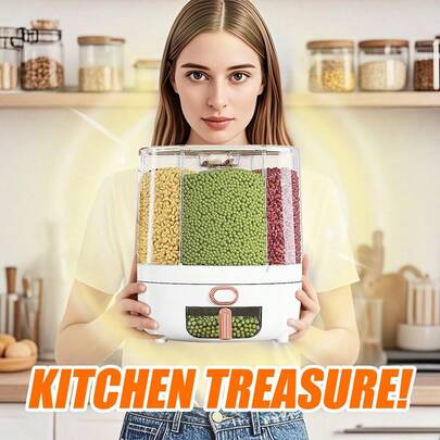 Dispensador de arroz giratorio de 360° con 6 rejillas, contenedor de cereales de gran capacidad con cajón, organizador de alimentos secos antiderrames para arroz, frijoles, granos y frutos secos, contenedor de almacenamiento a prueba de humedad para la despensa de la cocina.