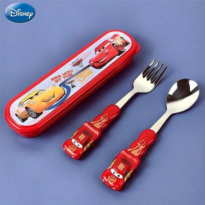 Disney 1 Set Of 2 PCS Officially Licensed Cars Red McQueen Cartoon Zootopia: Judy/Toy Story: Buzz Lightyear 3D Spoon And Fork Set Non-Slip Handles Portable Storage Highly Tableware Outdoor Picnics Kindergarten