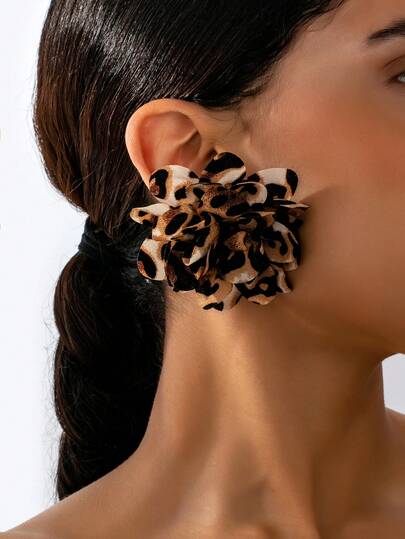 1 对时尚欧美风格手工豹纹花朵耳钉，女士耳环适合派对、舞会、家庭聚会、冬季配饰