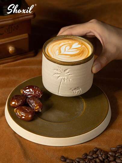 shoxil 1 Stück Vintage Wüsten-Kamel und Palmen Muster Keramik Kaffeetasse, einzigartiges Geschenk aus dem Nahen Osten, geeignet für Ramadan, Eid Al-Adha, kann als multifunktionale Tee-, Kaffee- und Kaffee-Accessoire-Tasse verwendet werden, perfekt für Wohnzimmer, Schlafzimmer, Café, Büro und Camping, Geschenk zum Nationalfeiertag von Saudi-Arabien