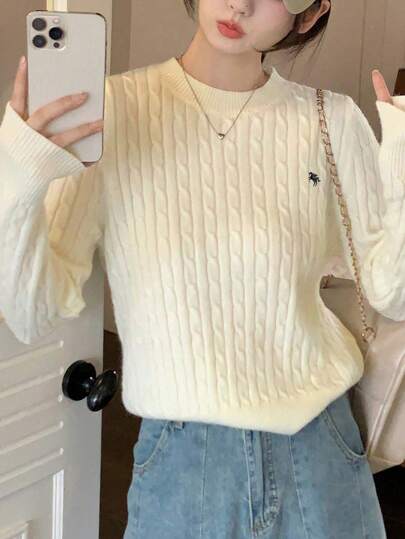 Korean Style Elegant Textured Crew Neck Sweater Women, Long Sleeve Embroidered Pullover