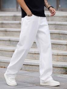 1件 Justice Brother 休闲宽松直筒牛仔裤，简约港式男士时尚舒适长裤，四季皆宜 - 白色 - 查看 4