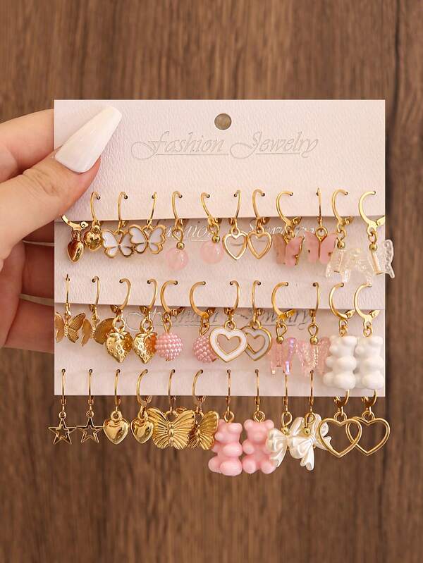 36pcs Cute Pink Earring Set For Women, Featuring Fruit, Heart, Butterfly, Pink Bear And Other Designs, Elegant Girl Gift, Lightweight Tassel Earrings, Suitable For Daily Wear, Parties, Vacations