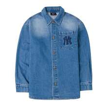 MLB Camisa de manga larga casual unisex con bordado de cursiva de estilo universitario, uso diario cómodo - Índigo - Ver 1