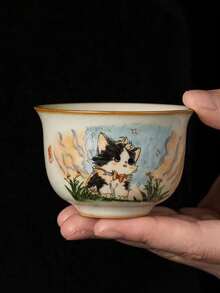 1/2件中国汝窑可爱猫咪茶杯，坐猫图案外沿小圆杯，个人马克杯，小容量水杯，适合农历新年送礼，拜访亲朋好友，茶友收藏 - 彩色 - 查看 6