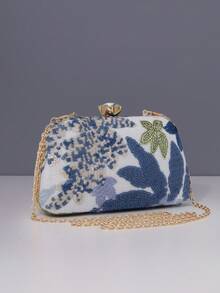 1件新款花卉图案女士手提包，2025新款复古蓝色亮片刺绣花朵链条晚宴包，适合派对女孩、新娘、新婚夫妇和办公室女士，派对、婚礼，迷你盒包（图案随机），适合工作、出差、郊游、通勤 - 藍色 - 查看 2