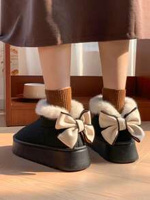 女士 EVA 厚底蝴蝶结设计保暖内衬防滑平底休闲鞋，温暖时尚，适合秋冬季 - 黑色 - 查看 4