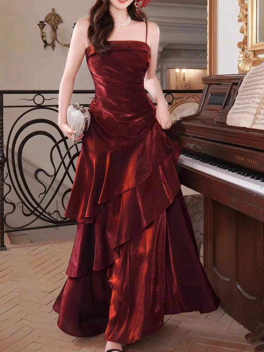 女款優雅時尚酒紅色畢業舞會細肩帶禮服