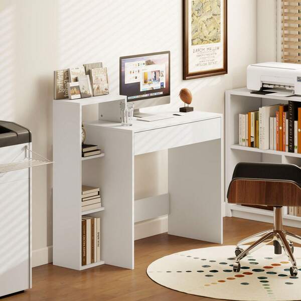  HOMCOM Scrivania Salvaspazio Moderna con 3 Ripiani Aperti e Cassetto Grande, Scrivania con Libreria in Legno, Tavolo Porta PC per Computer, per Ufficio, Studio e Camera da Letto, 100x40x90 cm, Bianco