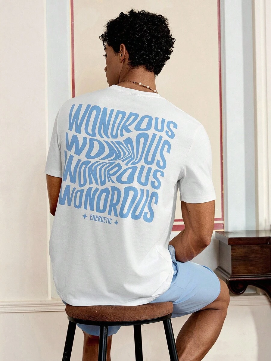 男士夏季字母印花圆领短袖休闲 T 恤和短裤套装，街头潮流